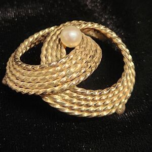 Gold Filled Swirl Rope Brooch Pearl Wells 1/20 12KT GF LG VTG Jewelry Scarf Pin